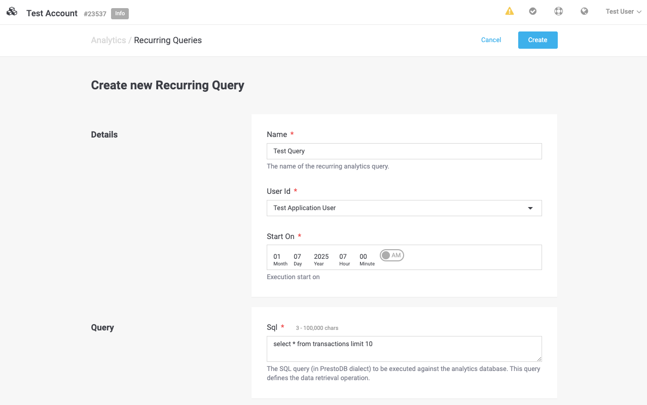 Invia query ricorrente di Analytics